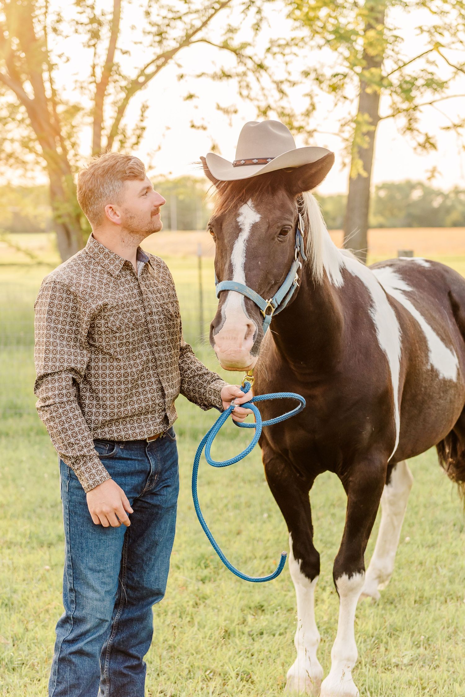 A series of candid moments between a couple and their paint horse in a sunlit pasture.