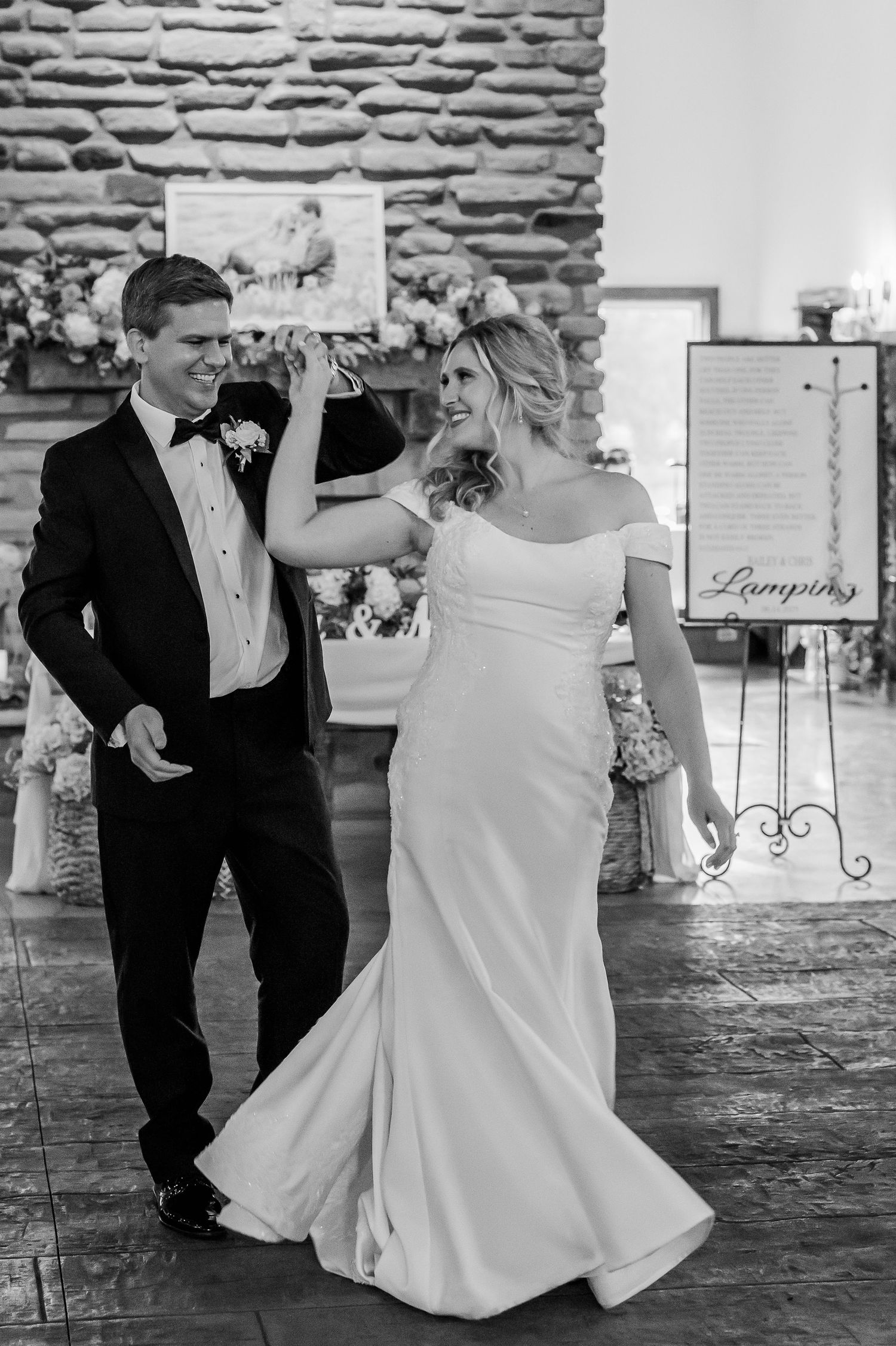 A series of candid wedding photos showing playful moments between a bride and groom at a rustic stone venue.