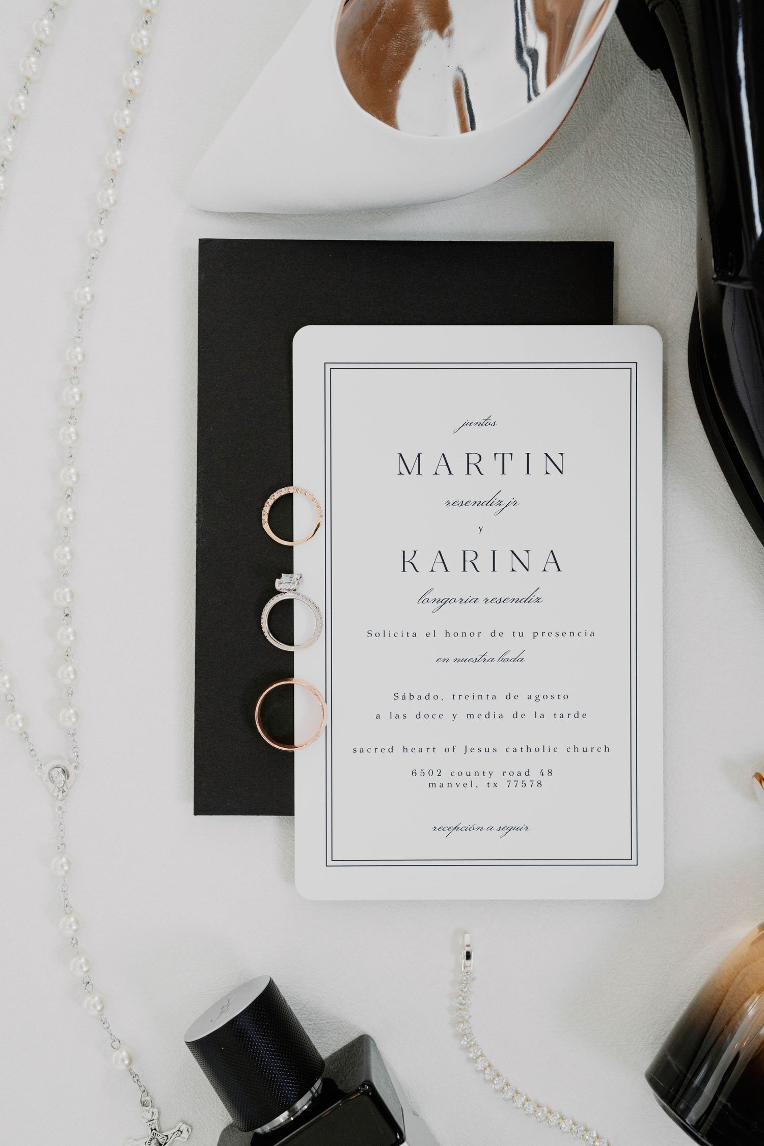Elegant black and white wedding invitations with classic typography.
