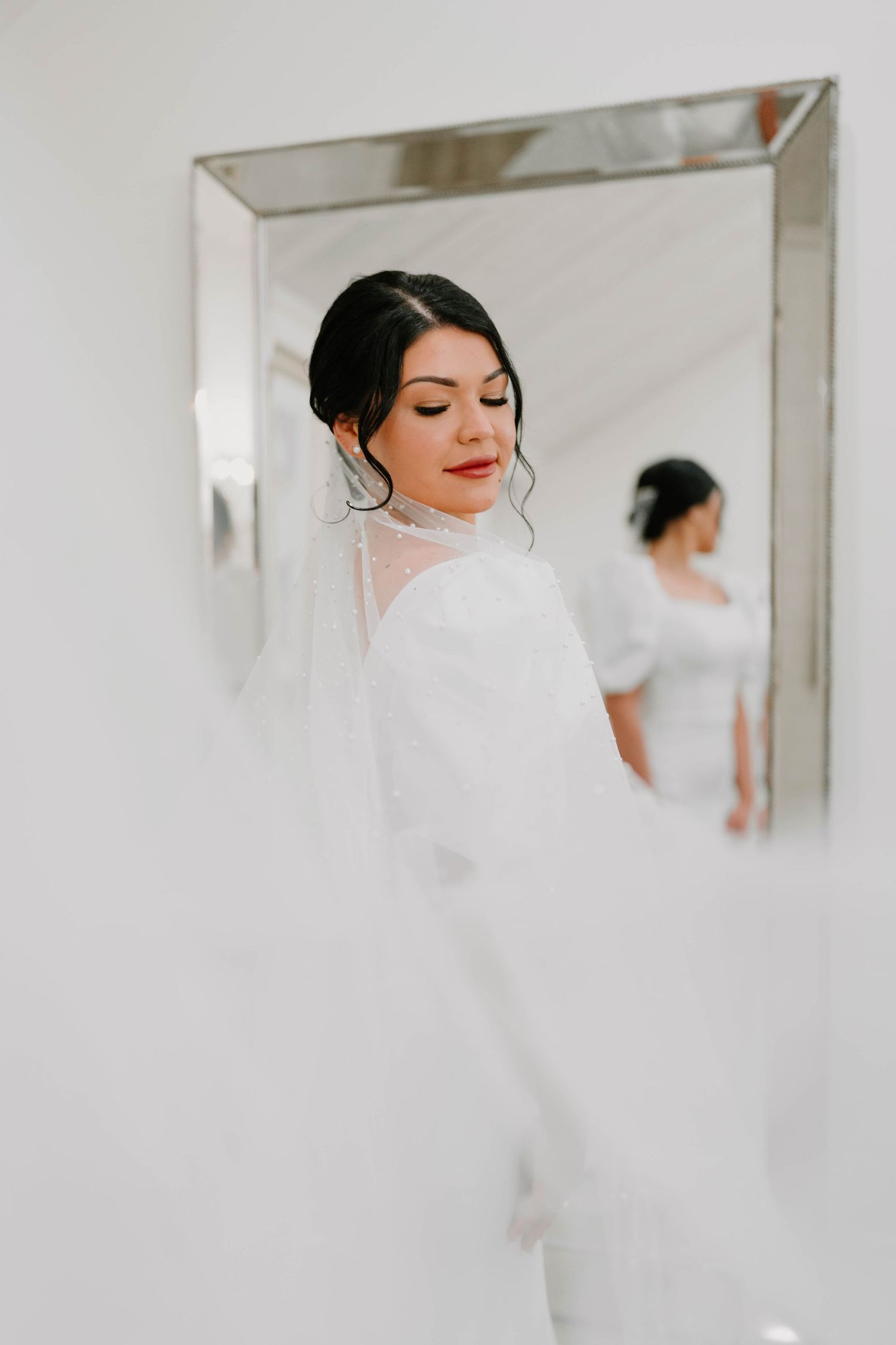 Delicate bridal portrait with soft lighting and flowing white veil.