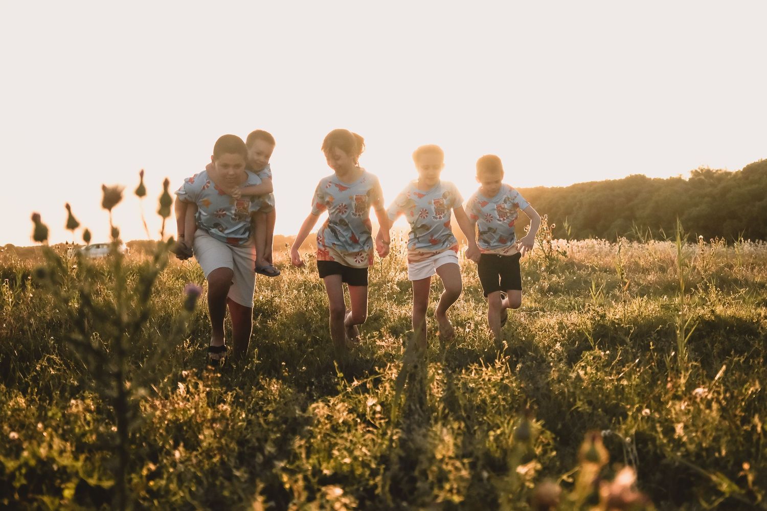 Silhouettes of people walking through a golden wildflower field at dusk.