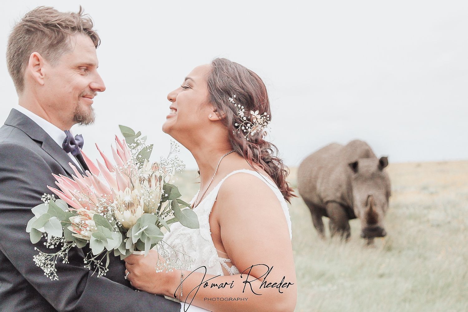 Wedding portrait with couple and buffalo grazing in background on open prairie.