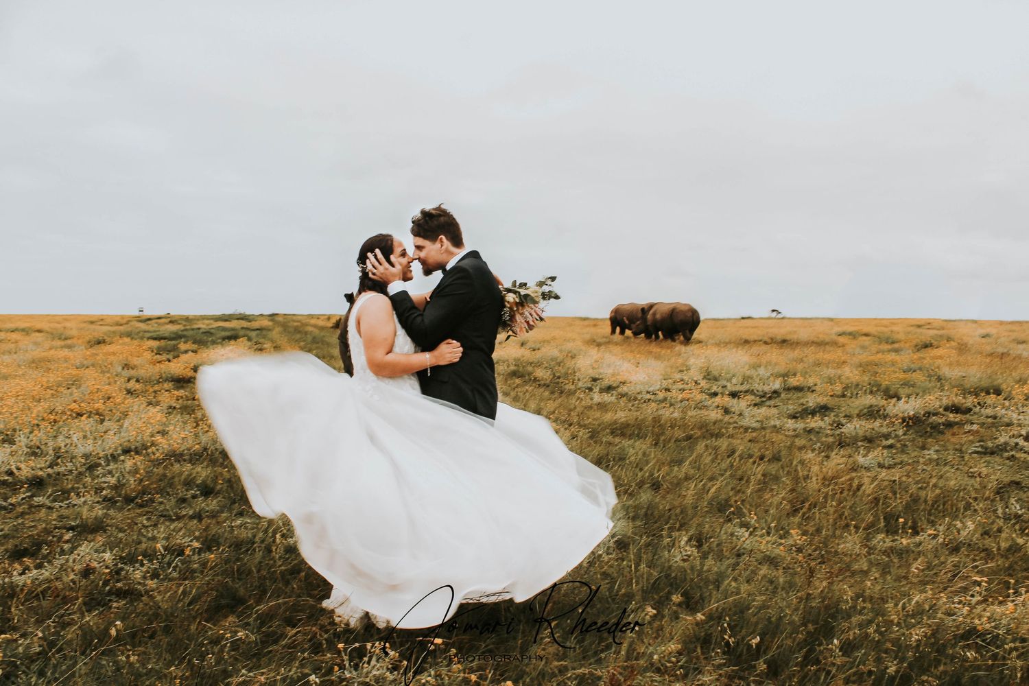 A romantic wedding portrait on golden grasslands with wild buffalo roaming in the distance.