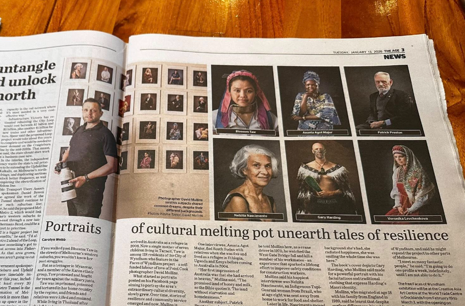 A newspaper page spread showing multiple portrait photographs arranged in a grid layout with accompanying article text.