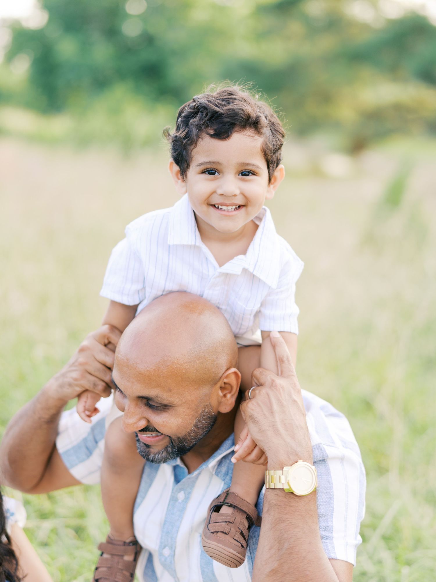 A heartwarming series of candid outdoor portraits showing playful bonding moments between father and child in a sunny field.
