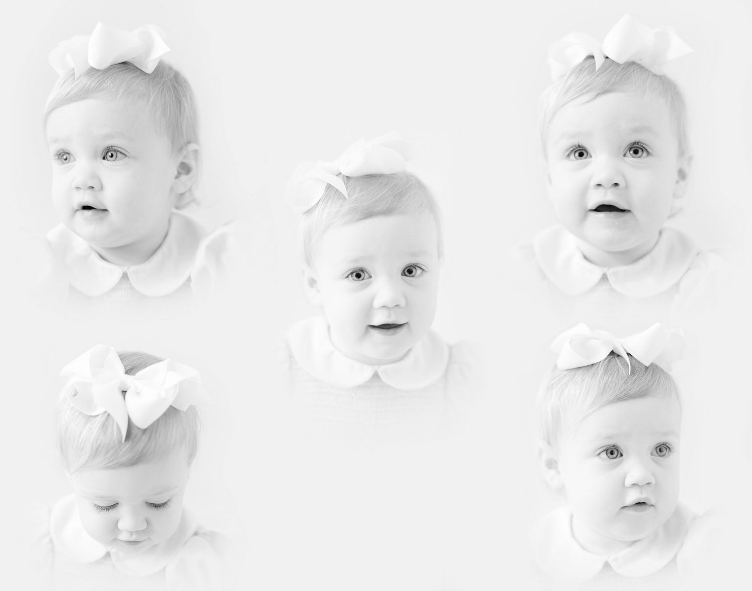 Black and white collage of five adorable baby girl portraits wearing white bow headbands and peter pan collar outfits.