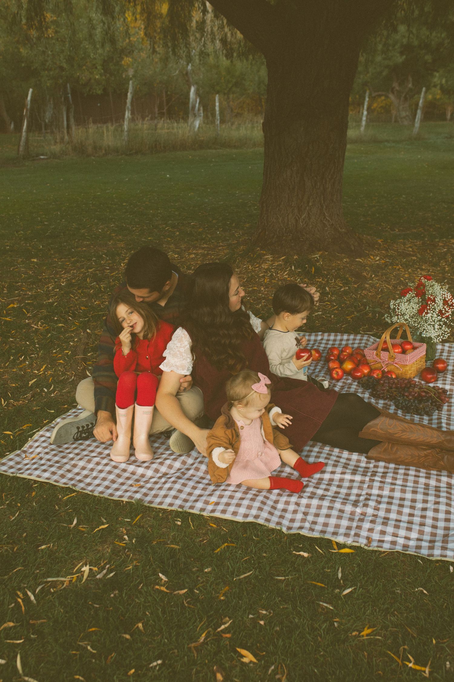 Family of five enjoys an autumn picnic on a blue checkered blanket under a large tree, with apples and a flower basket nearby.