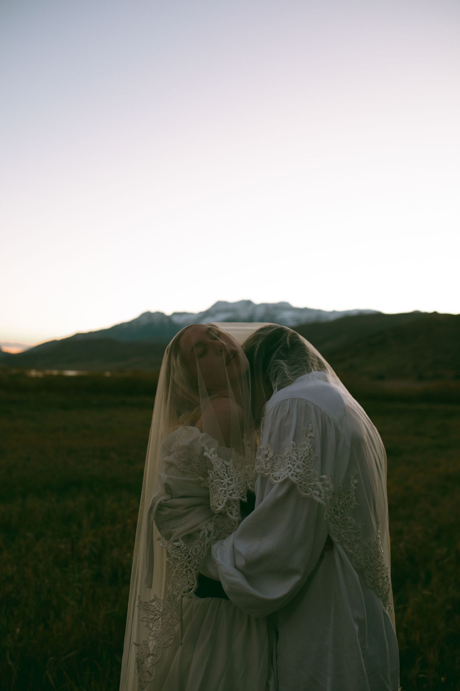 Couple embracing under a lace-trimmed wedding veil in a grassy field at dusk with snowy mountains in the background.