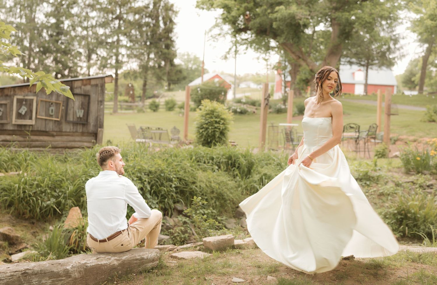 A collage of outdoor wedding photos showing a flowing white dress and romantic garden settings in natural sunlight.