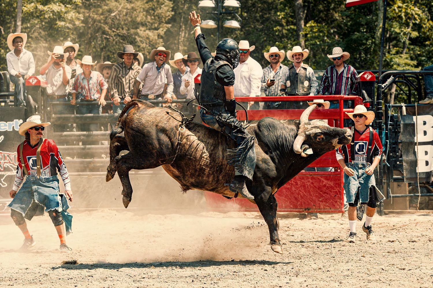 A rodeo cowboy rides a bucking bull while spectators watch from behind the arena fence in dusty sunlight.