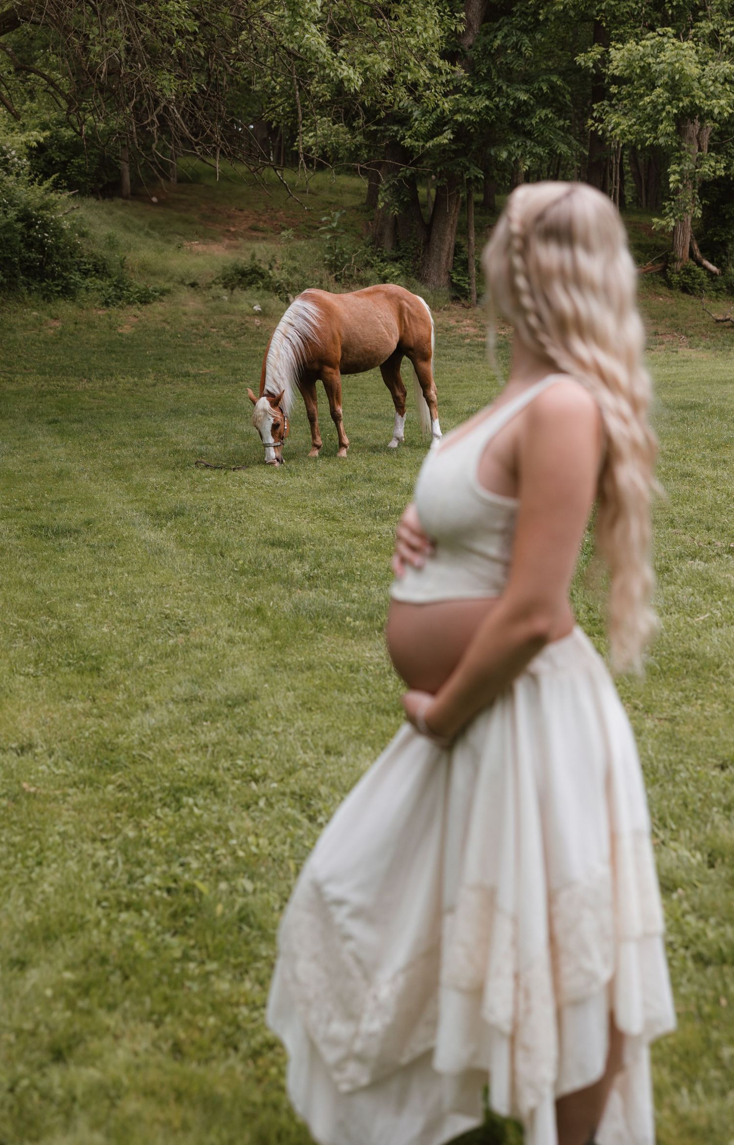 A casual maternity photo in a grassy field with a brown and white horse grazing in the background.
