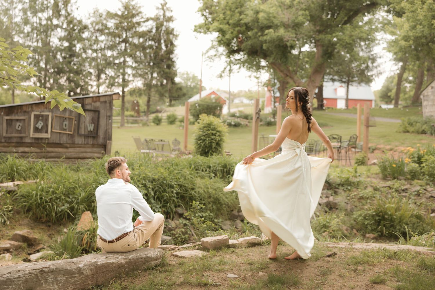 A collage of outdoor wedding photography scenes showing couples in white attire amid natural garden settings.
