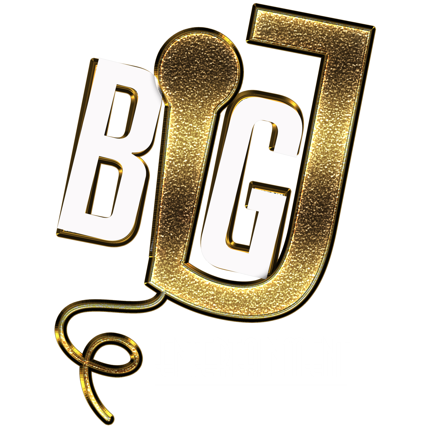 The letters BIG in white and gold 3D design with decorative gold swirl accent on a black background.
