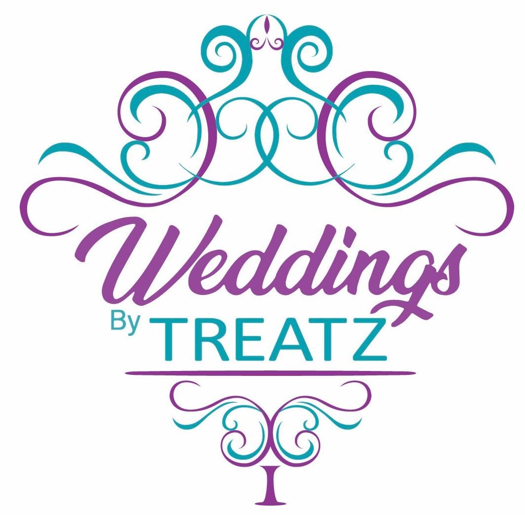 Decorative wedding website logo design with purple and teal swirls and ornate flourishes.