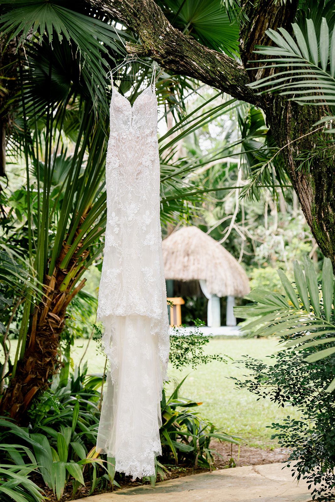 A white lace wedding dress hangs from a palm tree with a thatched-roof gazebo visible in the tropical garden background.