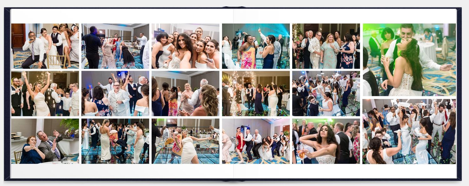 A wedding photo collage displayed in a black horizontal frame shows candid moments of celebration and dancing at a reception.