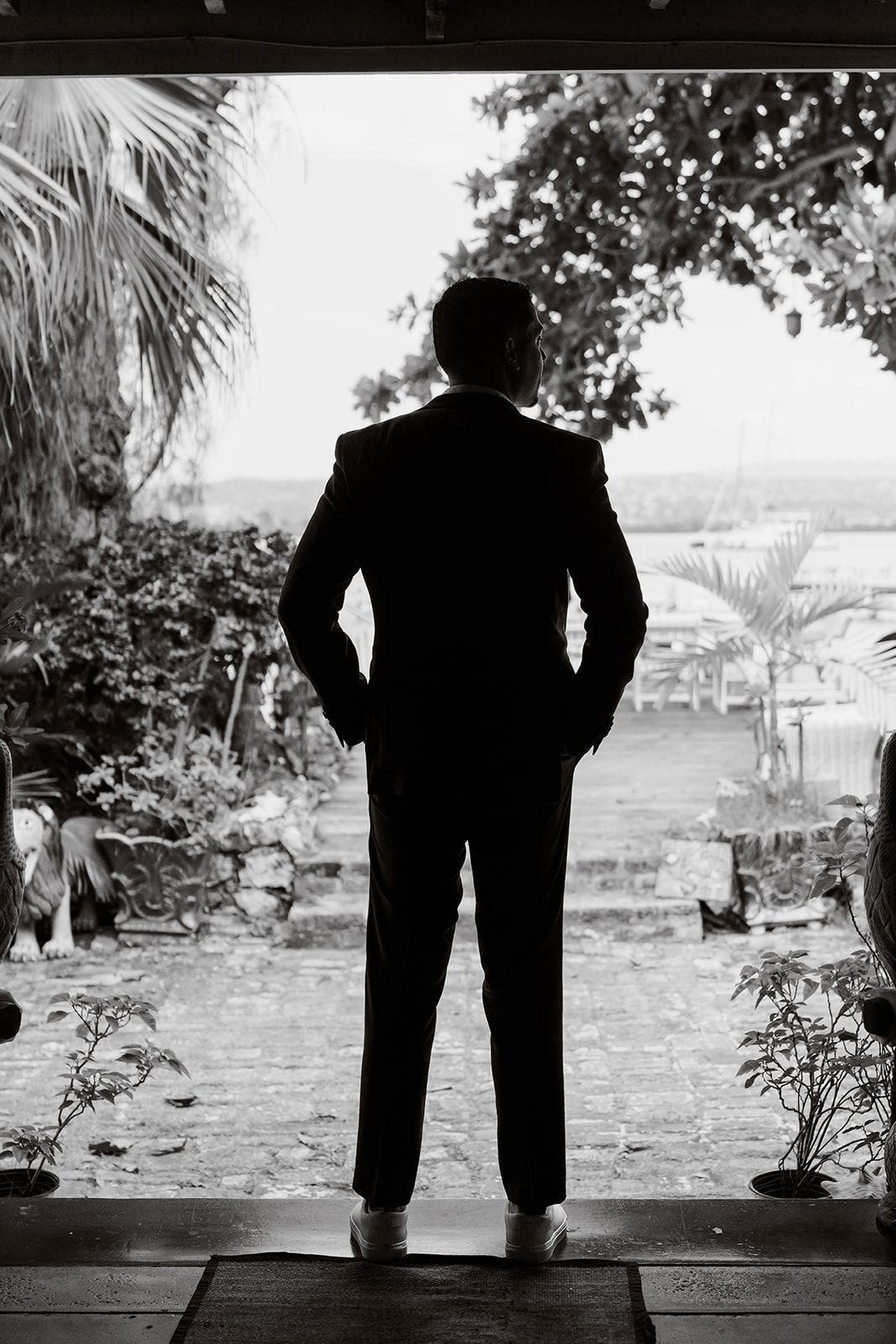 A silhouette of a person in a dark suit stands on a porch overlooking a tropical garden landscape at dusk.
