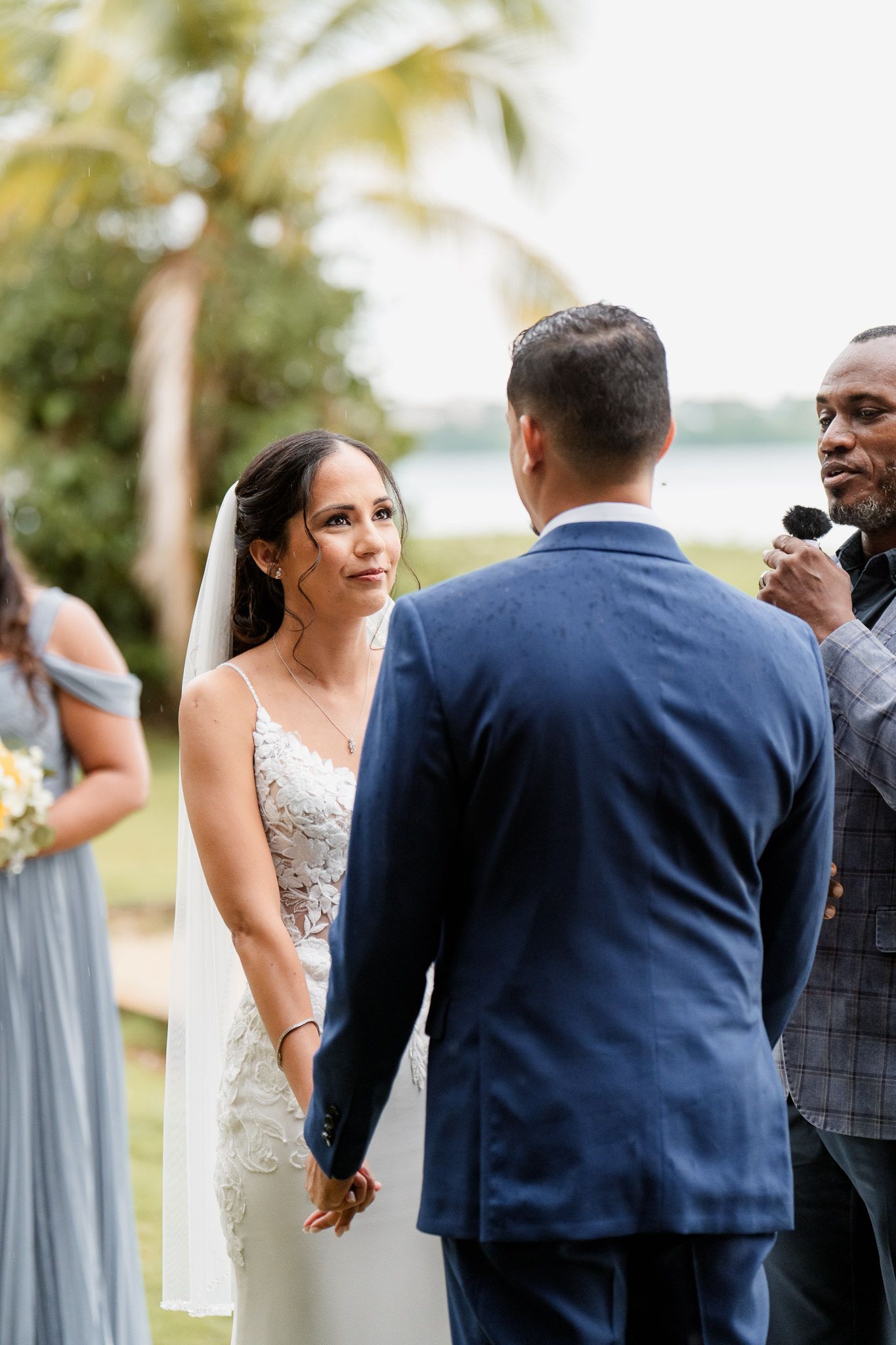 Series of images showing an intimate outdoor wedding ceremony with couple and guests in formal attire gathered outside.