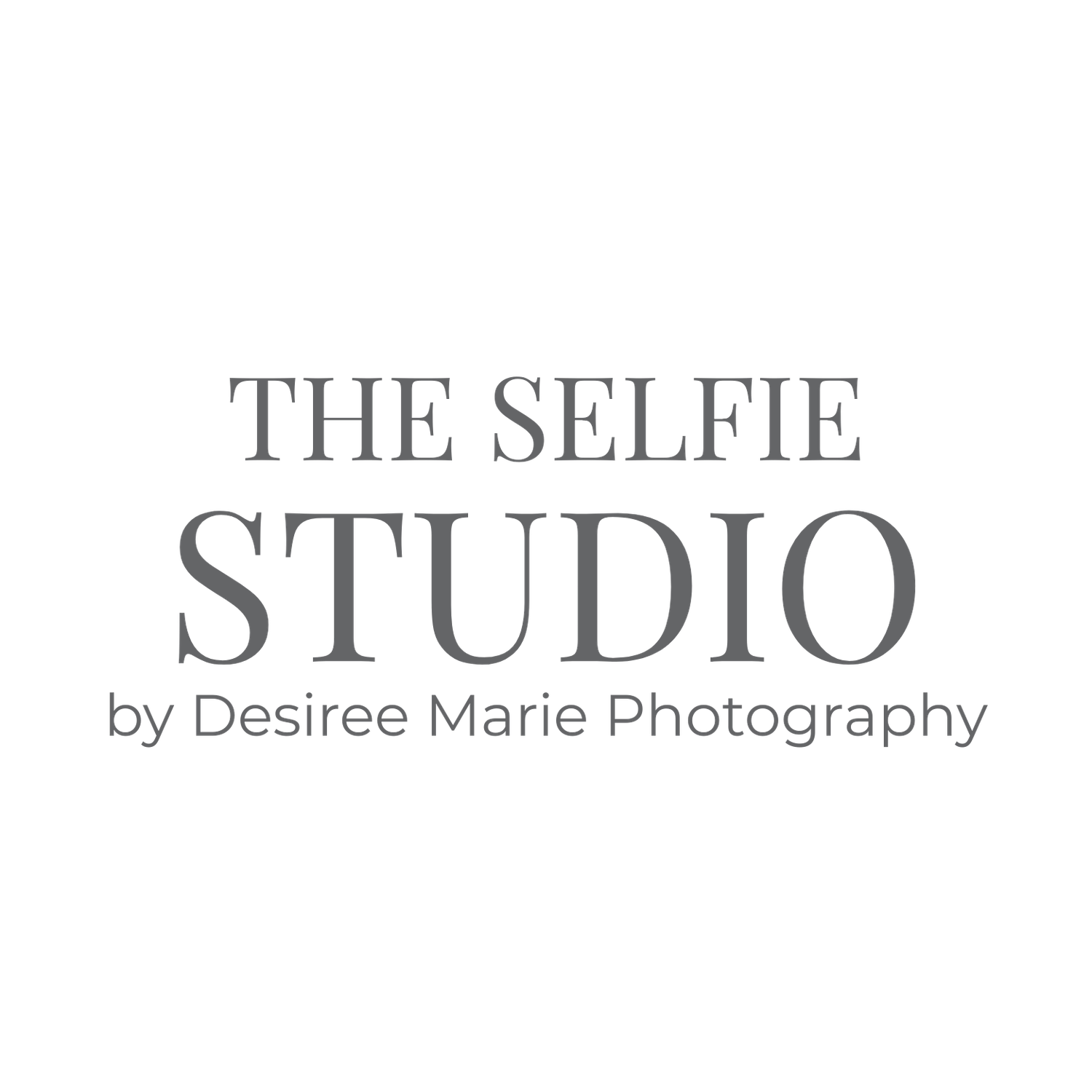 Simple gray text logo design for The Selfie Studio by Desiree Marie Photography on white background.