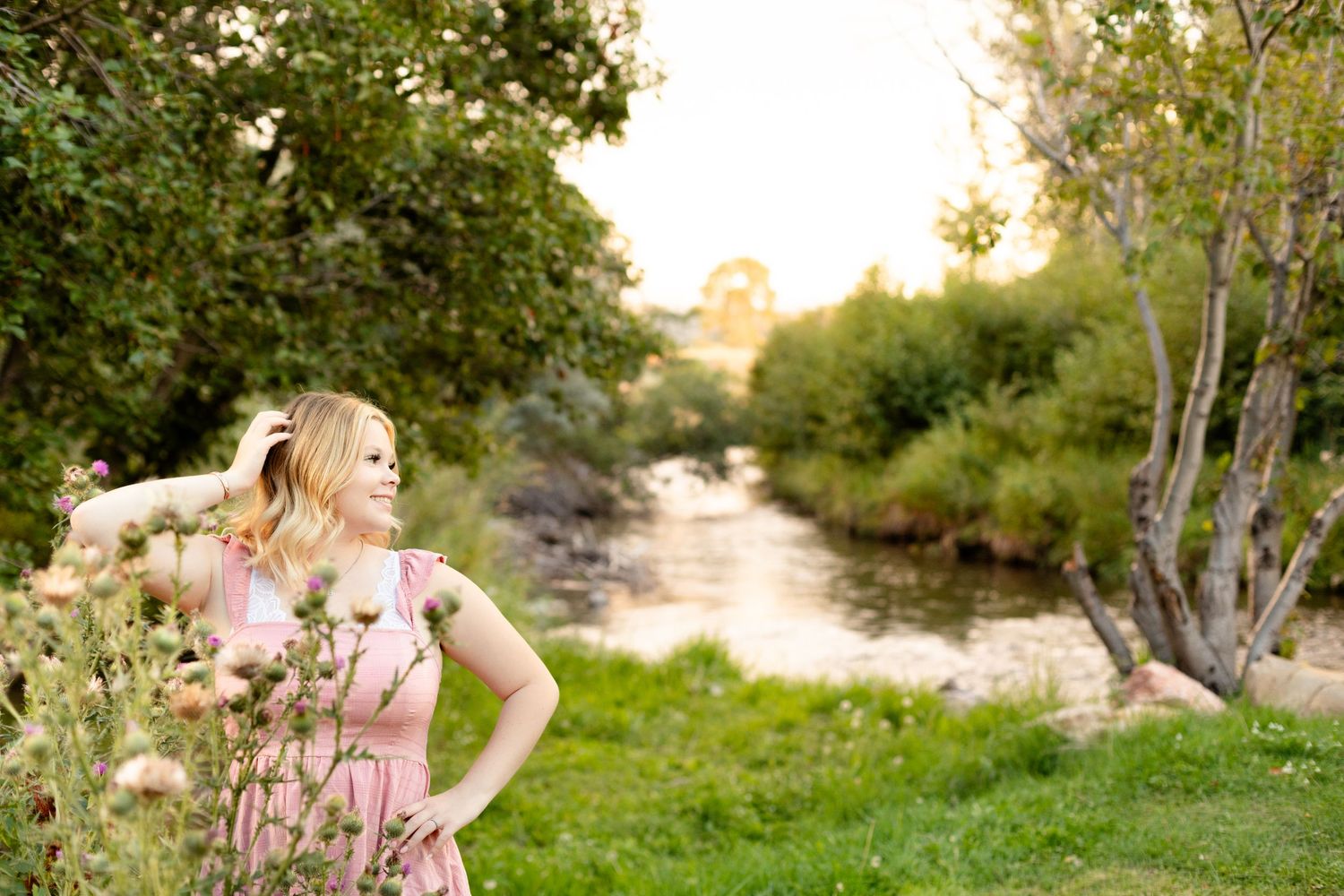A peaceful scene by a winding creek with pink wildflowers and lush greenery at sunset.