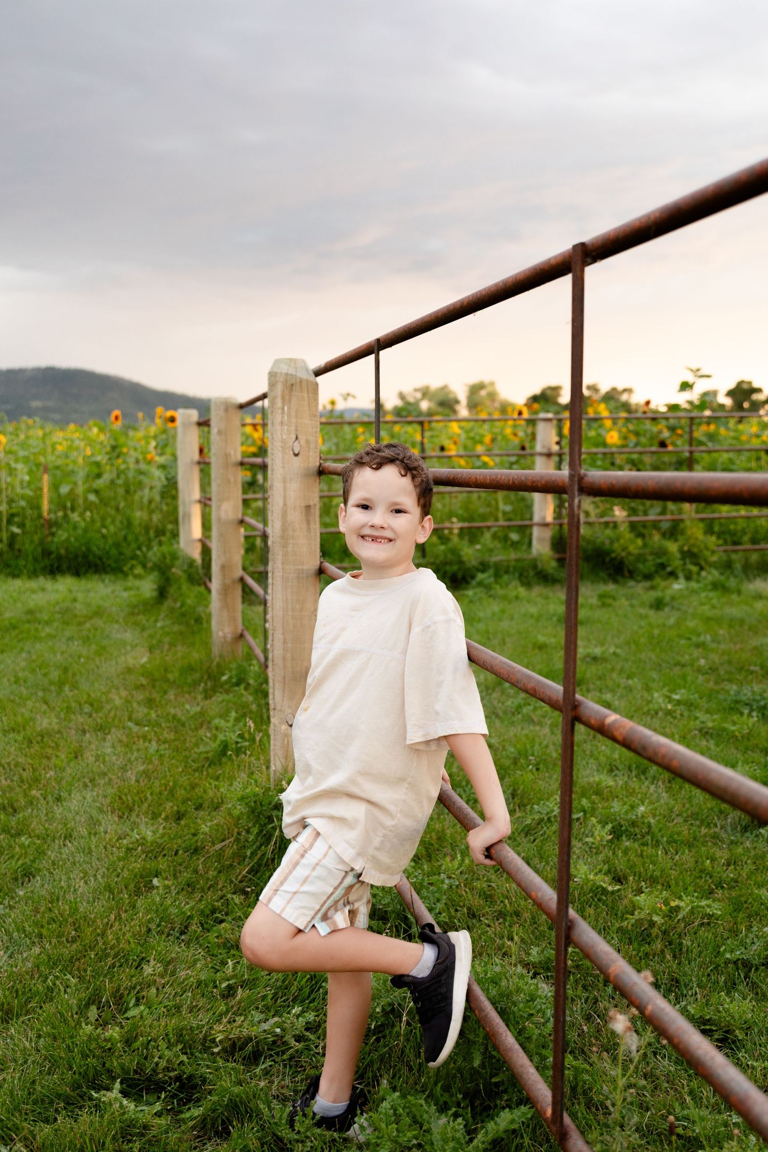 A child in a white shirt and shorts plays on a rustic wooden fence with sunflowers in the background.