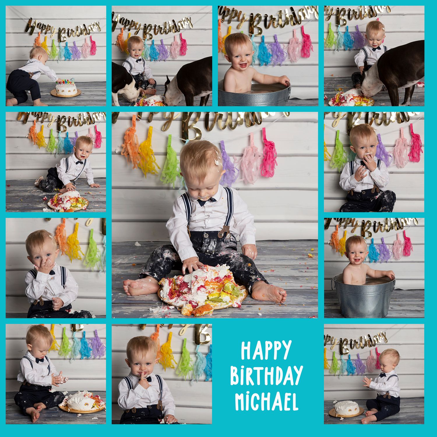 1 year old baby in a bowtie smashes cake in photo session to celebrate his first birthday.