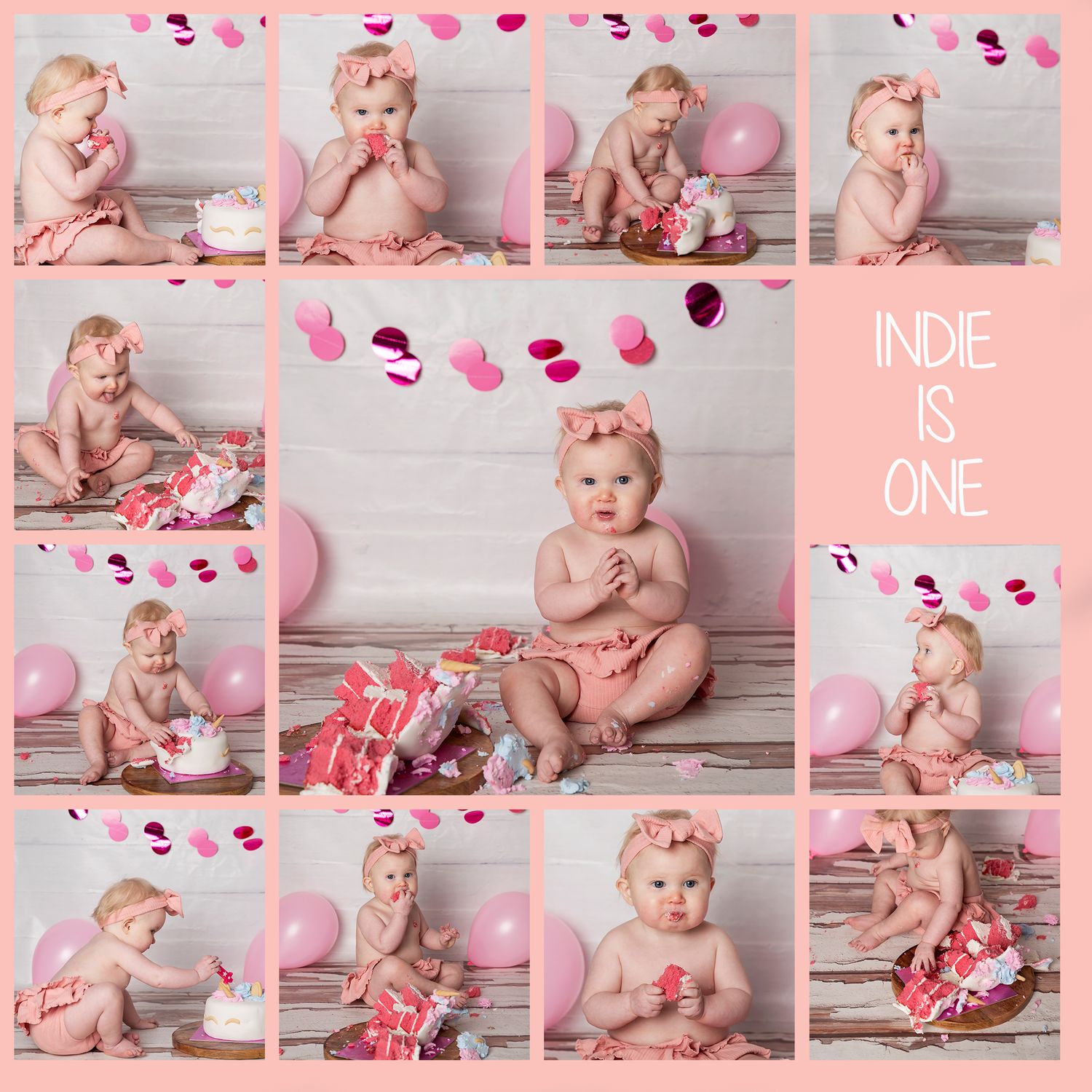 1 year old girl celebrating her first birthday with a pink themed cake smash photoshoot.