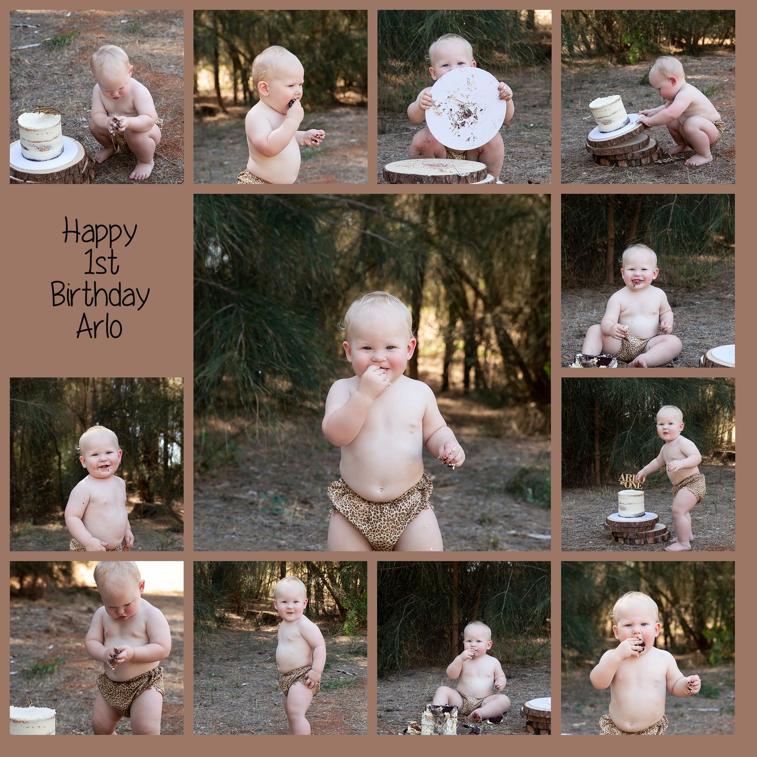 1 year old boy does an outdoor cake smash photoshoot for his first birthday.