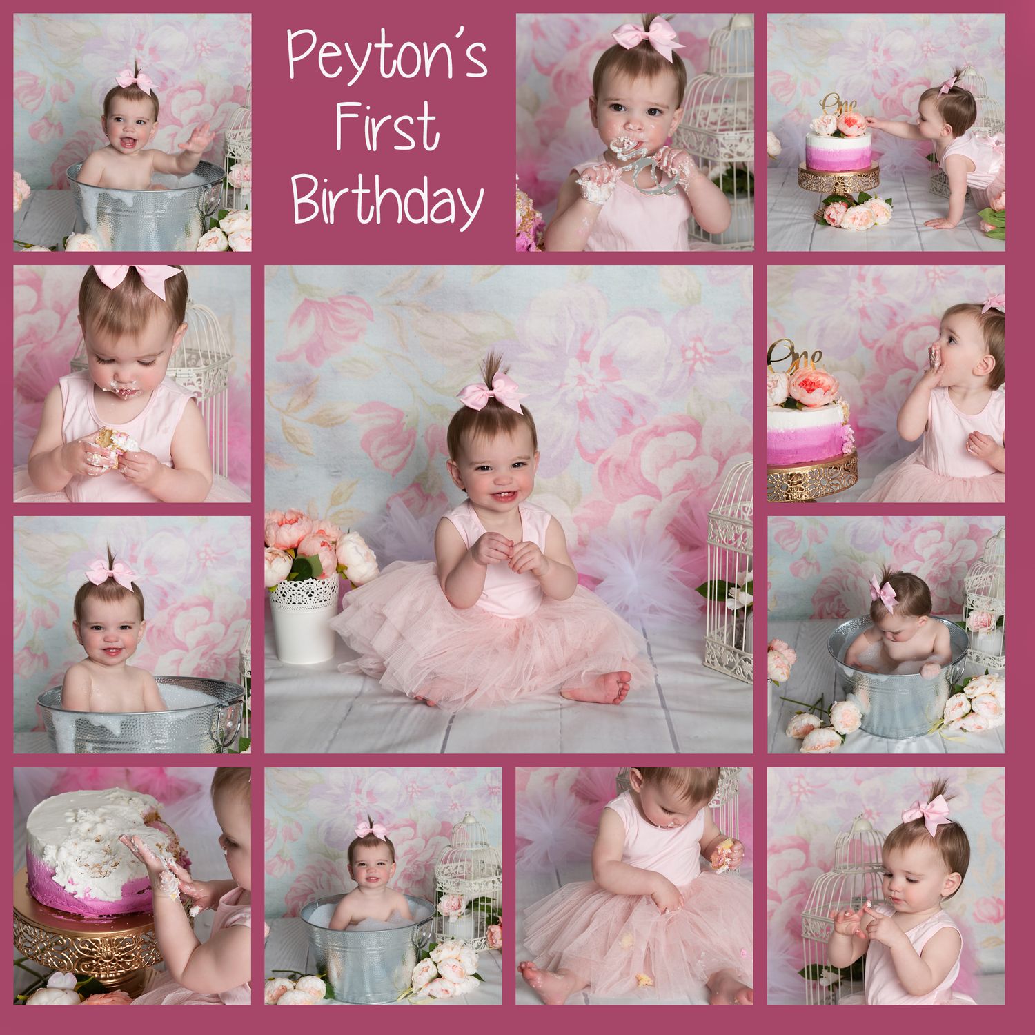one year old girl with floral backdrop eating cake and enjoying a bubble bath to celebrate her first birthday cake smash.
