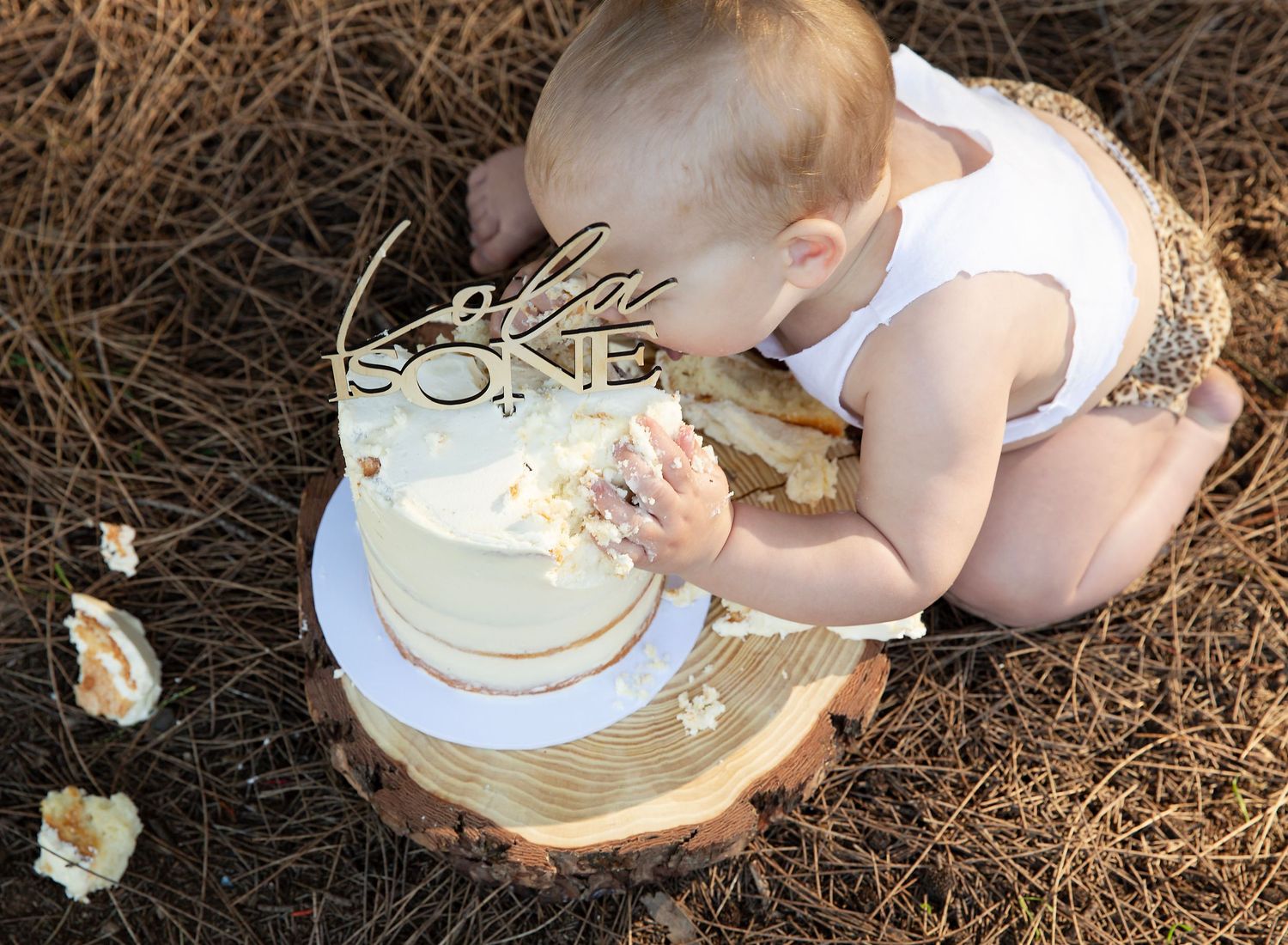 a baby eats face first from a cake in her outdoor cake smash session.