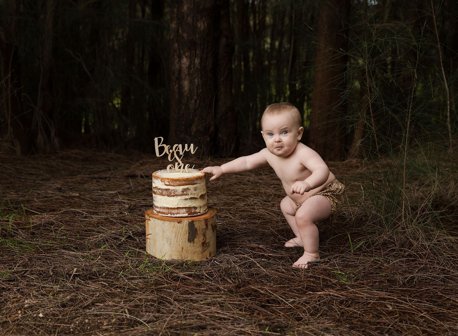 1 year old boy standing up with his cake in first birthday cake smash photoshoot in The Paddocks reserve SA.