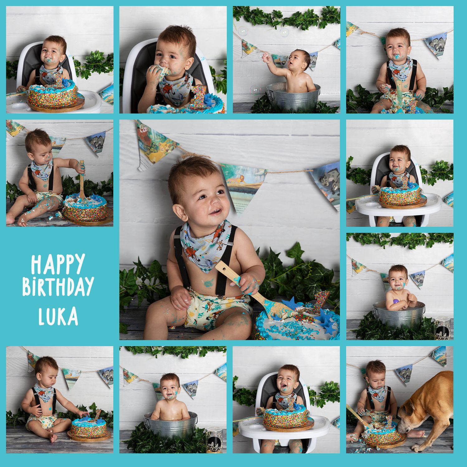 A 1 year old boy with cake all over his face as he celebrates his first birthday with a cake smash photoshoot.