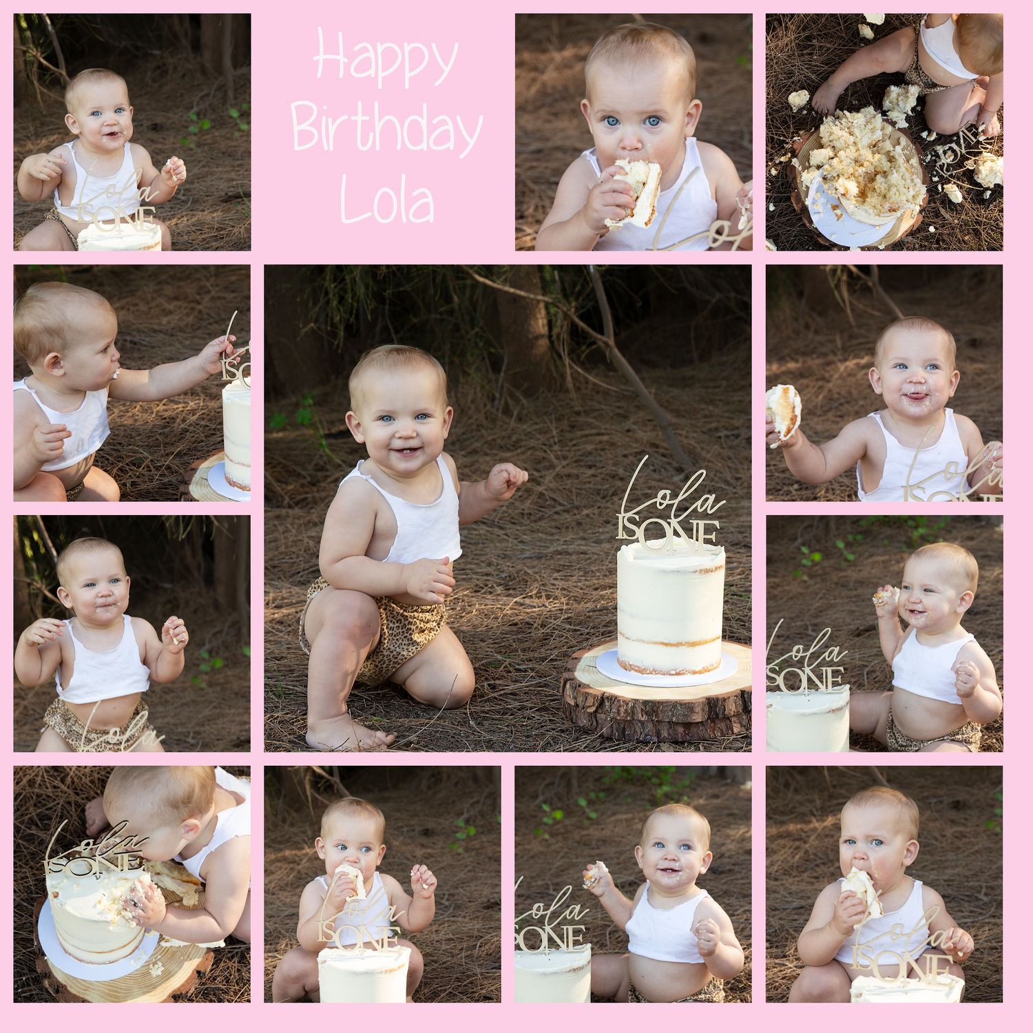 one year old girl happily eats cake and gets it all over her face and hands in an outdoor cake smash photoshoot for her first birthday.