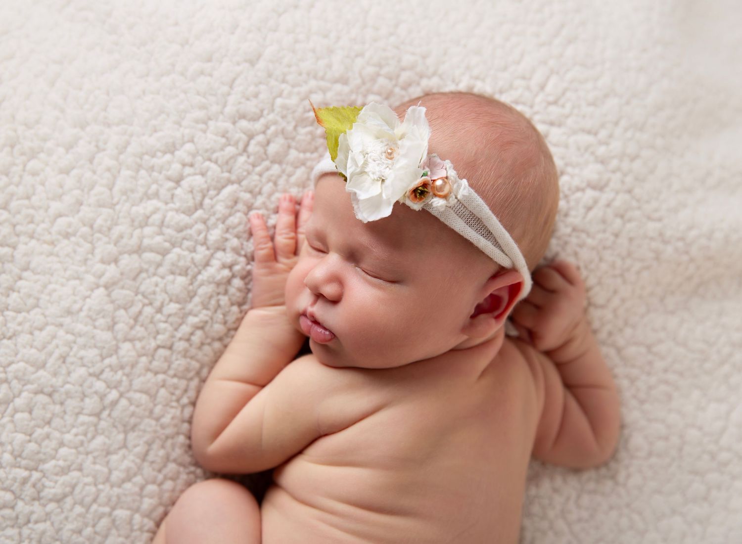 Newborn baby girl with floral headband and squishy pose. In-home newborn photoshoot in Adelaide SA.