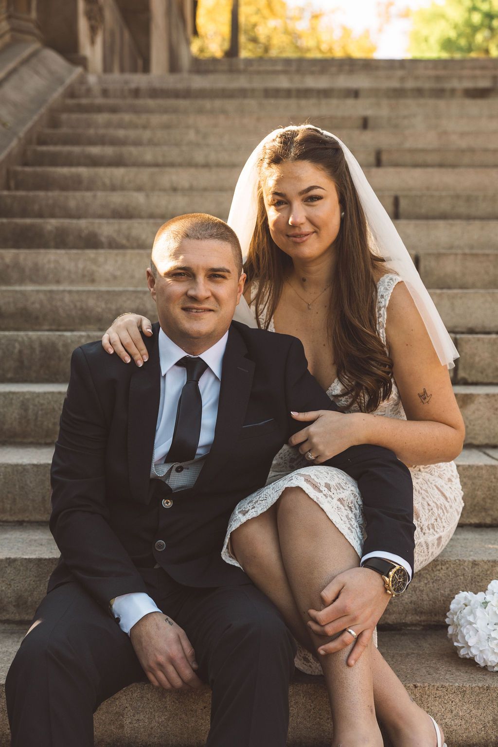 couple posing for the camera during their NYC bridal portraits