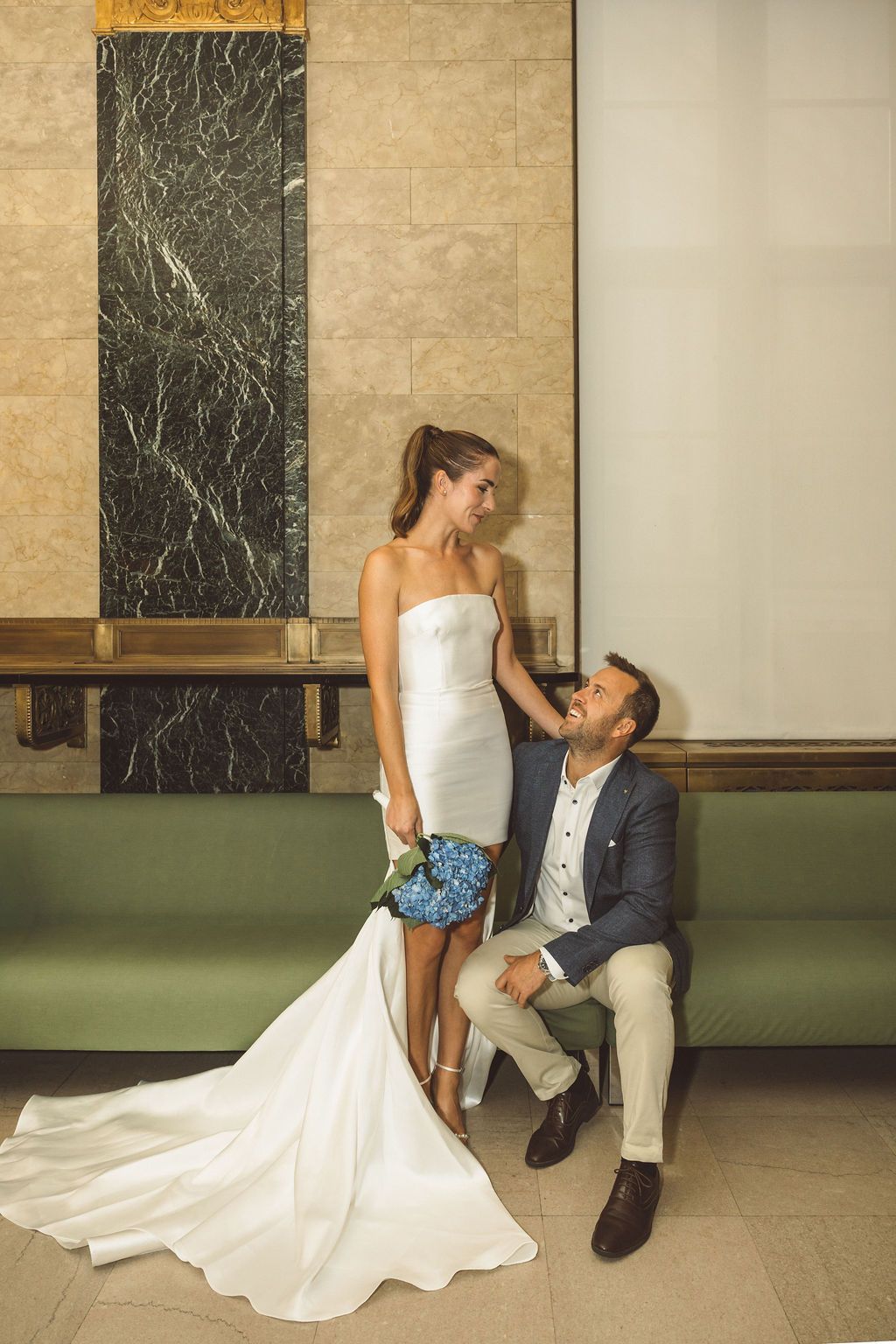 cute picture of the bride and groom smiling at each other