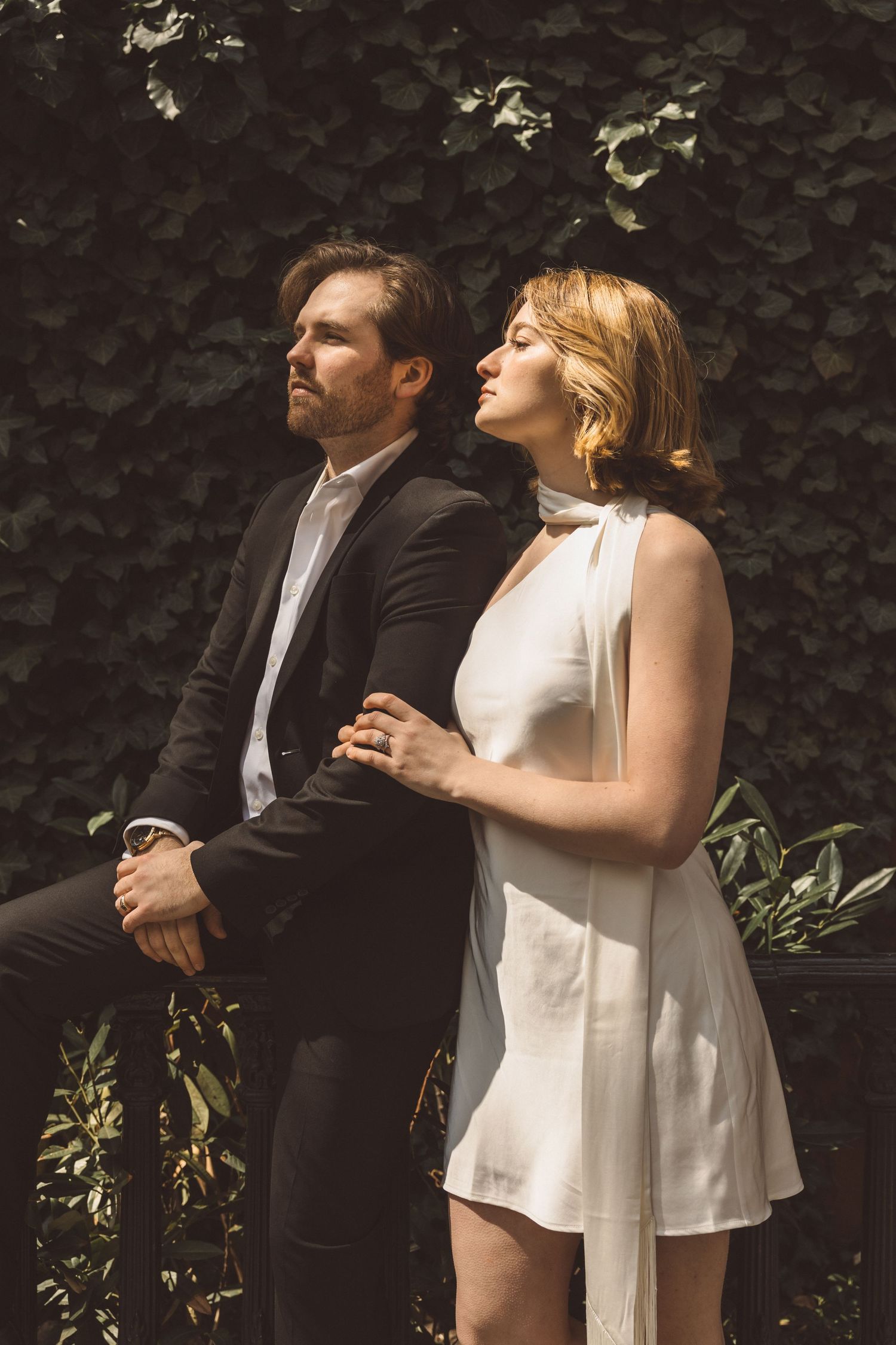 Editorial-style photo of couple in the West Village on their NYC elopement day