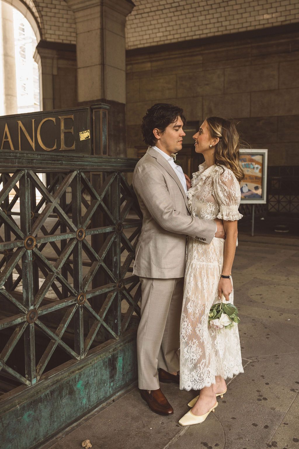 couple walking around NYC during their bridal portraits