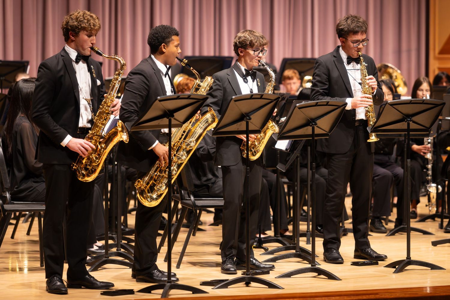Saxophone quartet performing at Paul Shaghoian Memorial Concert Hall at Clovis North High School in Fresno California.