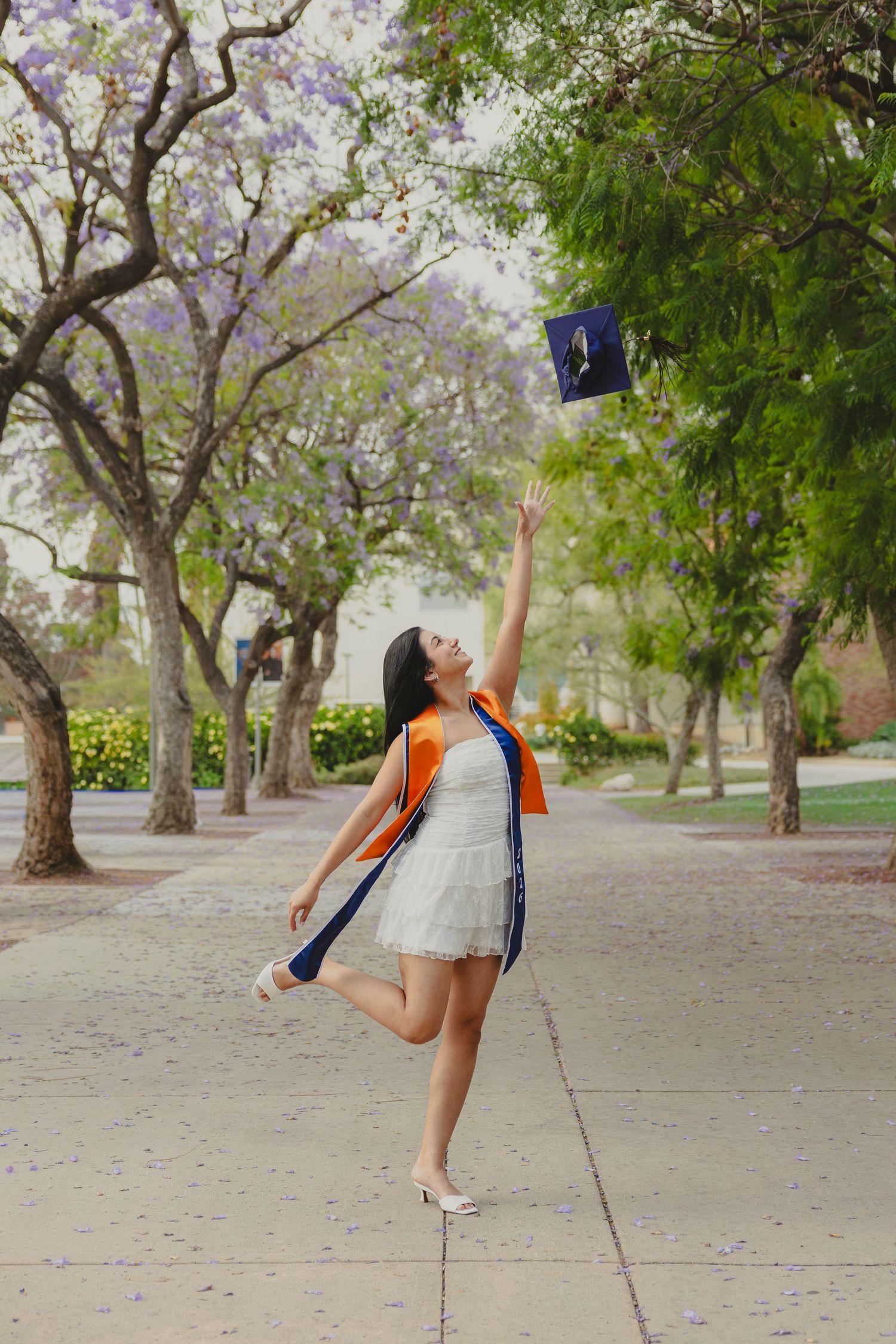 Excited female graduate tossing her cap in the air under blooming jacaranda trees on a college campus. San Diego photographer
