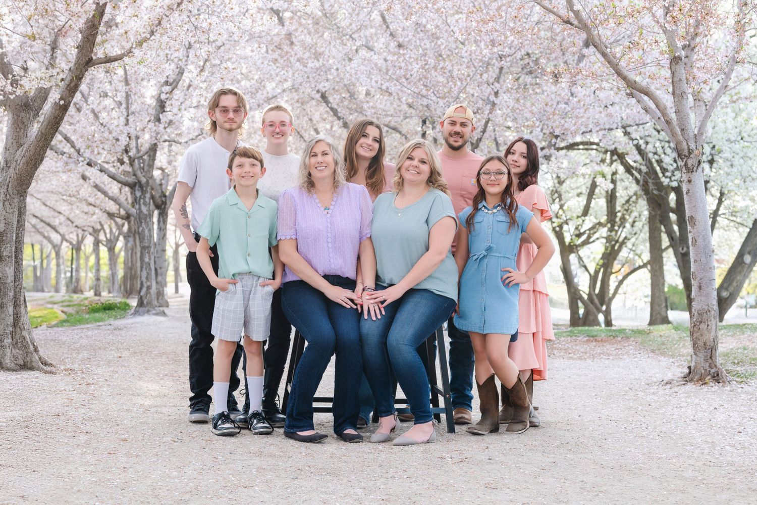 Large family portrait beneath cherry blossom trees during outdoor spring family photography session