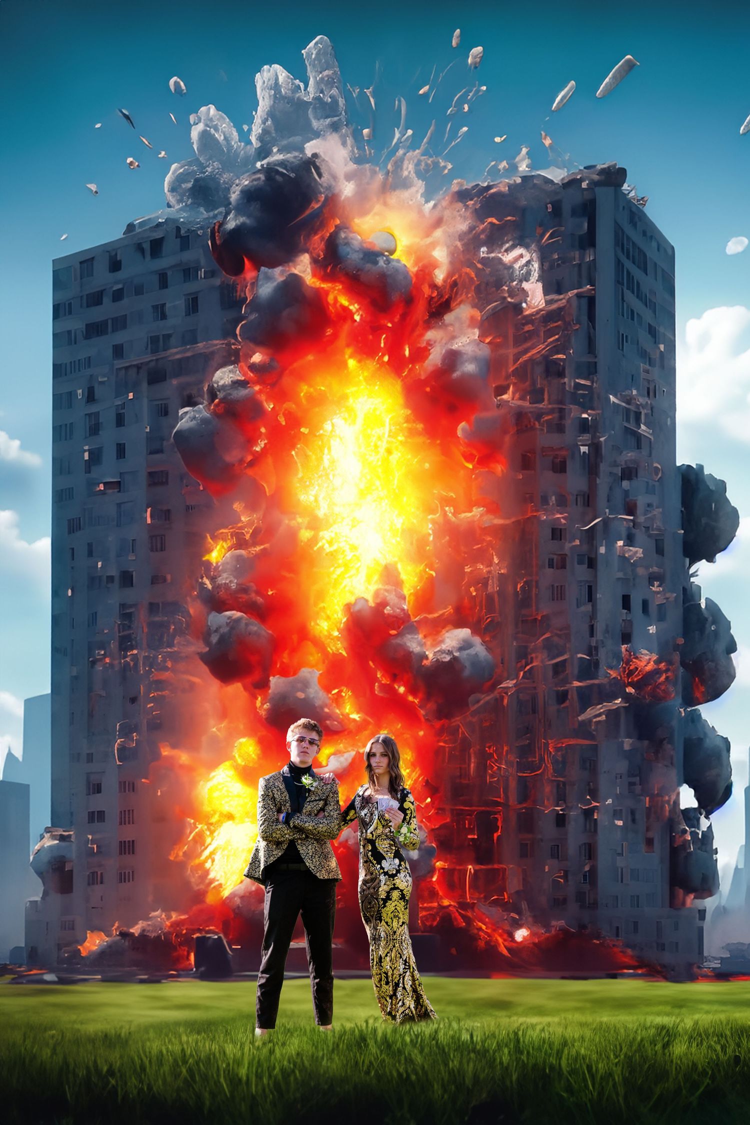 Creative composite image of couple standing in front of exploding building scene