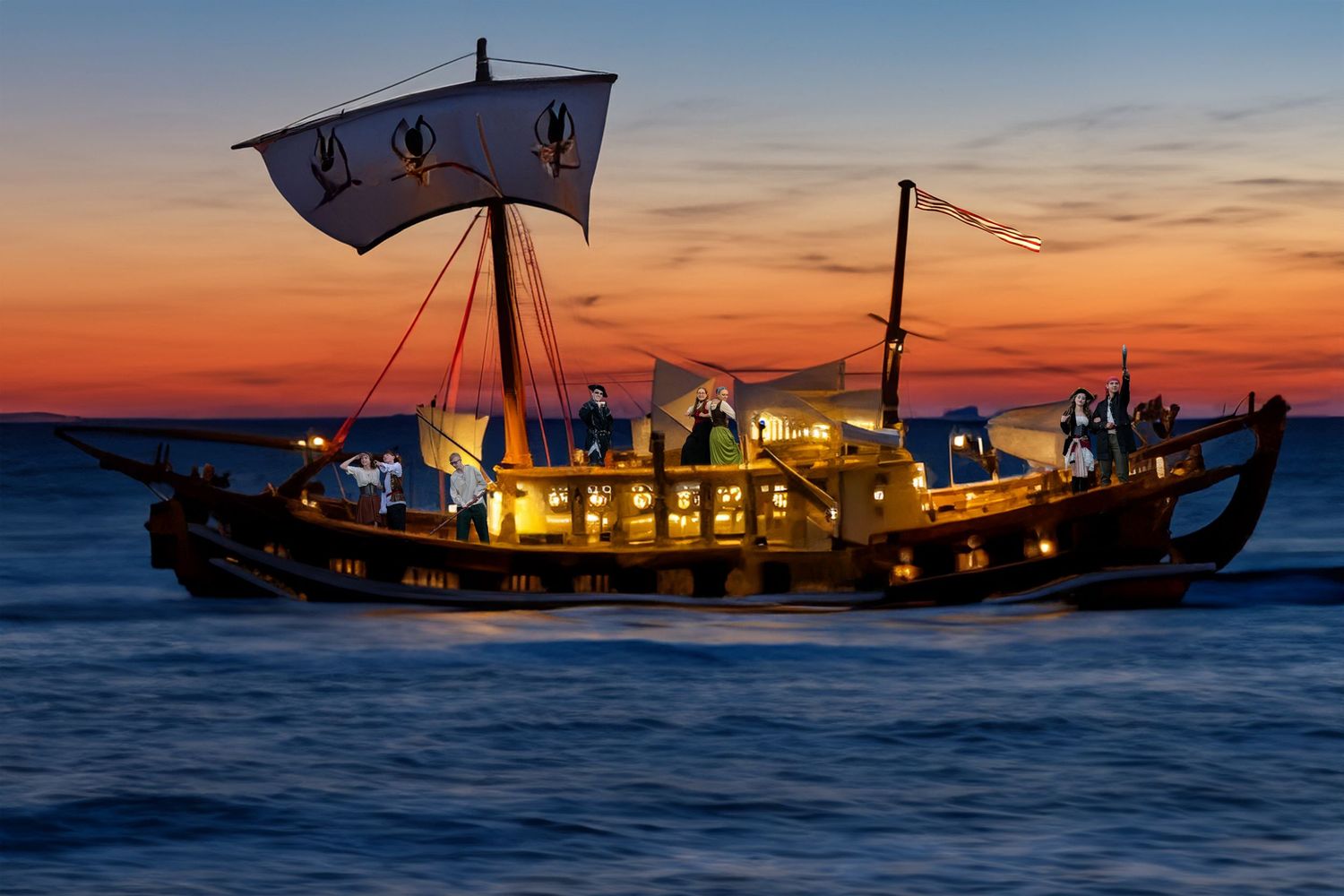 Pirate ship sailing at sunset on ocean with glowing lights and dramatic sky with high school dance attendees onboard