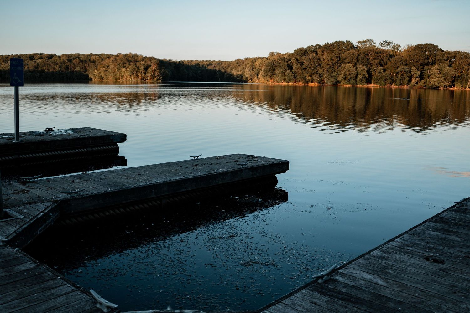 Rustic wooden dock extends over serene autumn lake with golden sunlight reflecting on calm waters.
