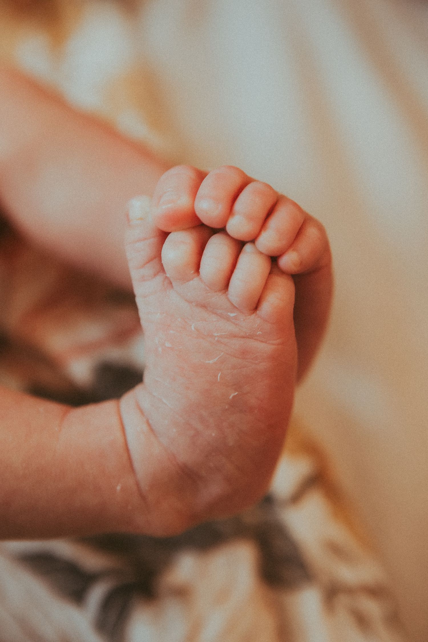 Close-up photo of a newborn baby's tiny feet and toes against a soft peach-colored background.
