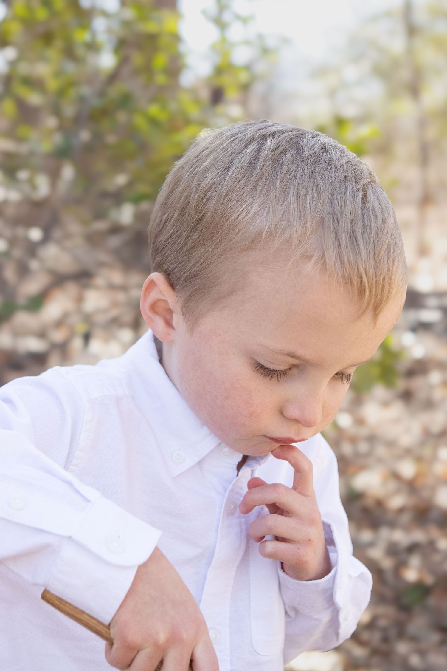 Child in white button-down shirt concentrating on gardening project outdoors.