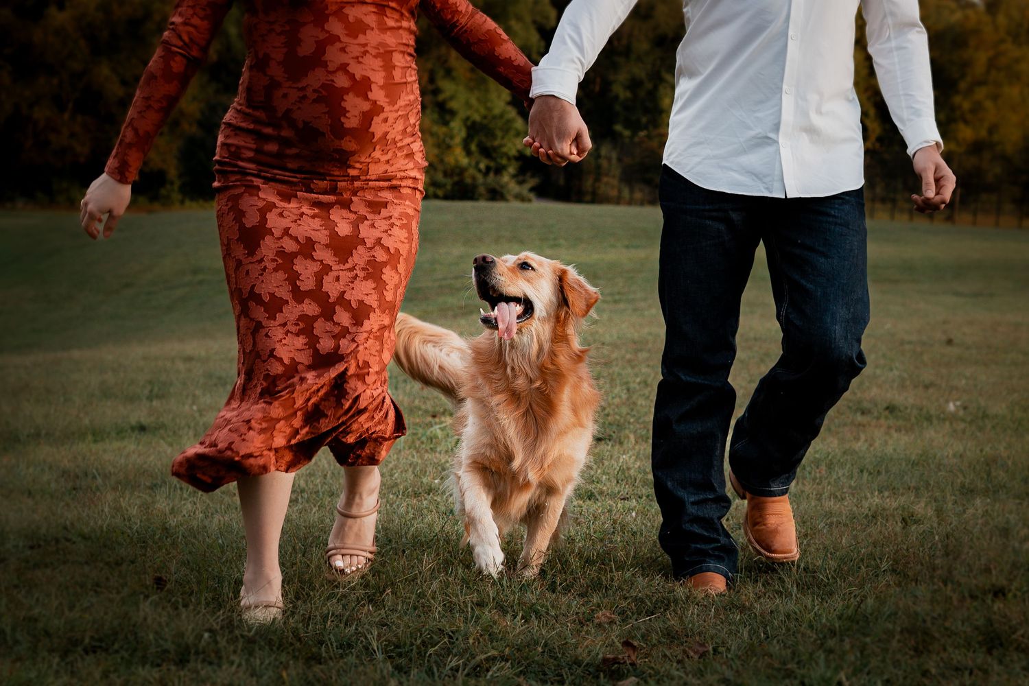 A couple walks their golden retriever through a grassy field at sunset.