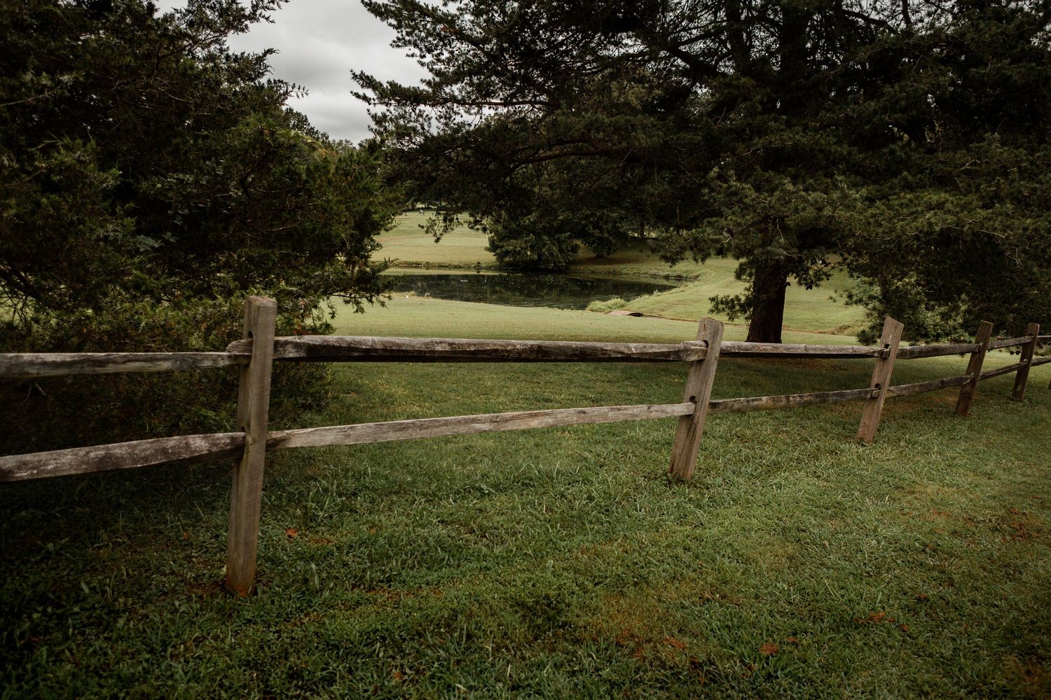 Split rail wooden fence meanders through a scenic green countryside with trees dotting the rolling landscape.
