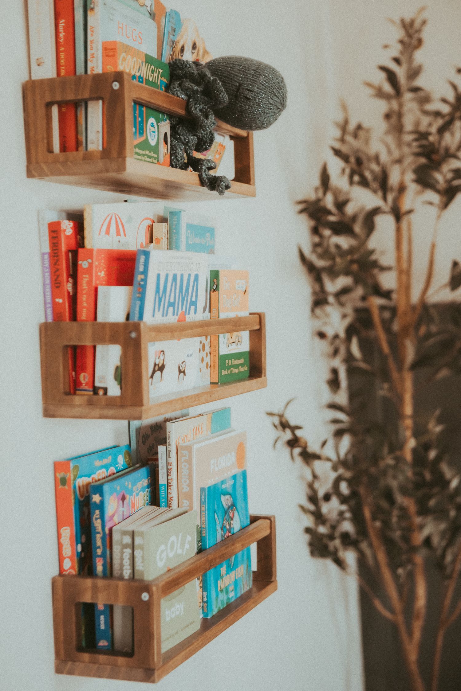 Wooden floating shelves display a collection of colorful children's books against a white wall with a decorative plant.