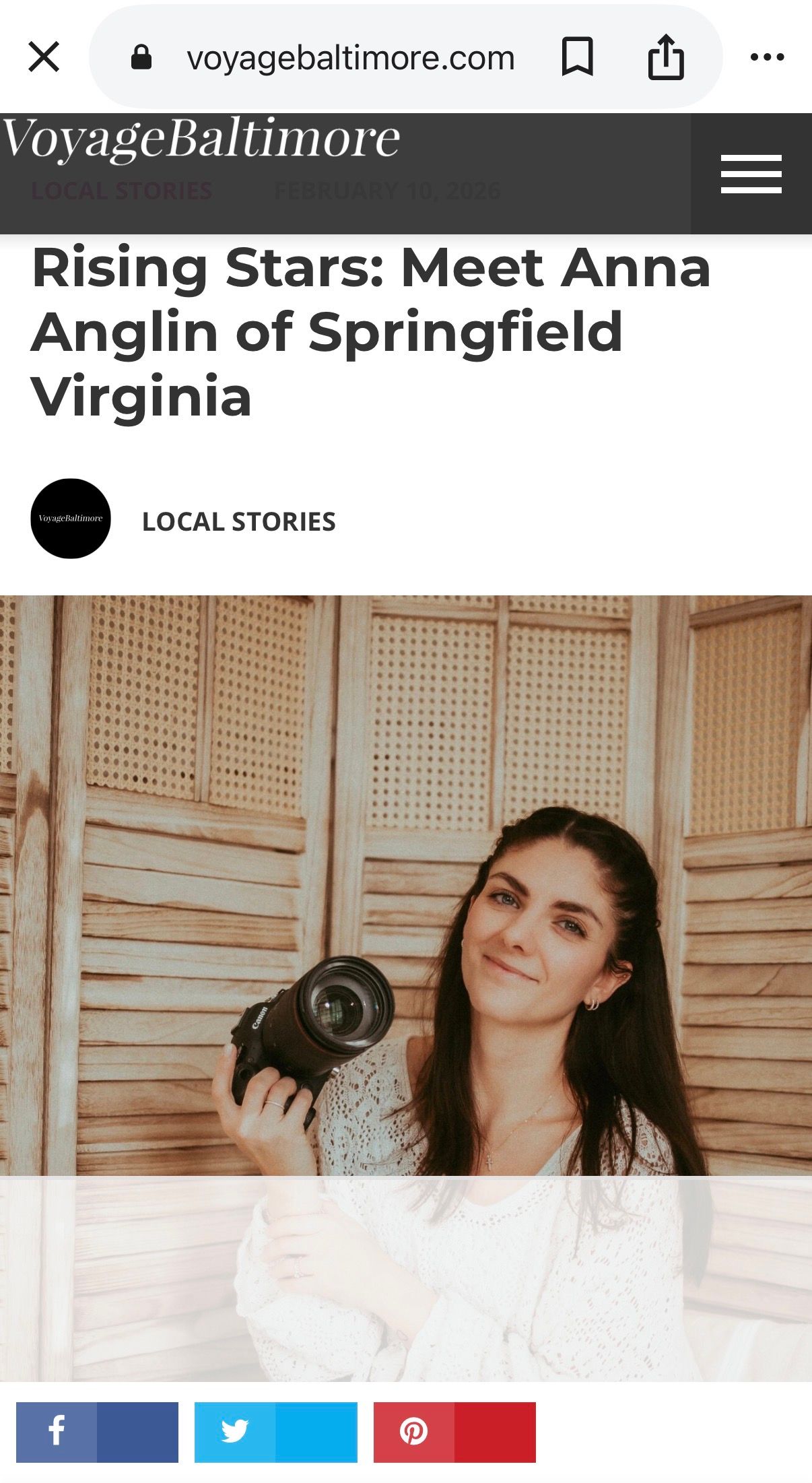 A website header showing social media icons and navigation menu for VoyageBaltimore online magazine.